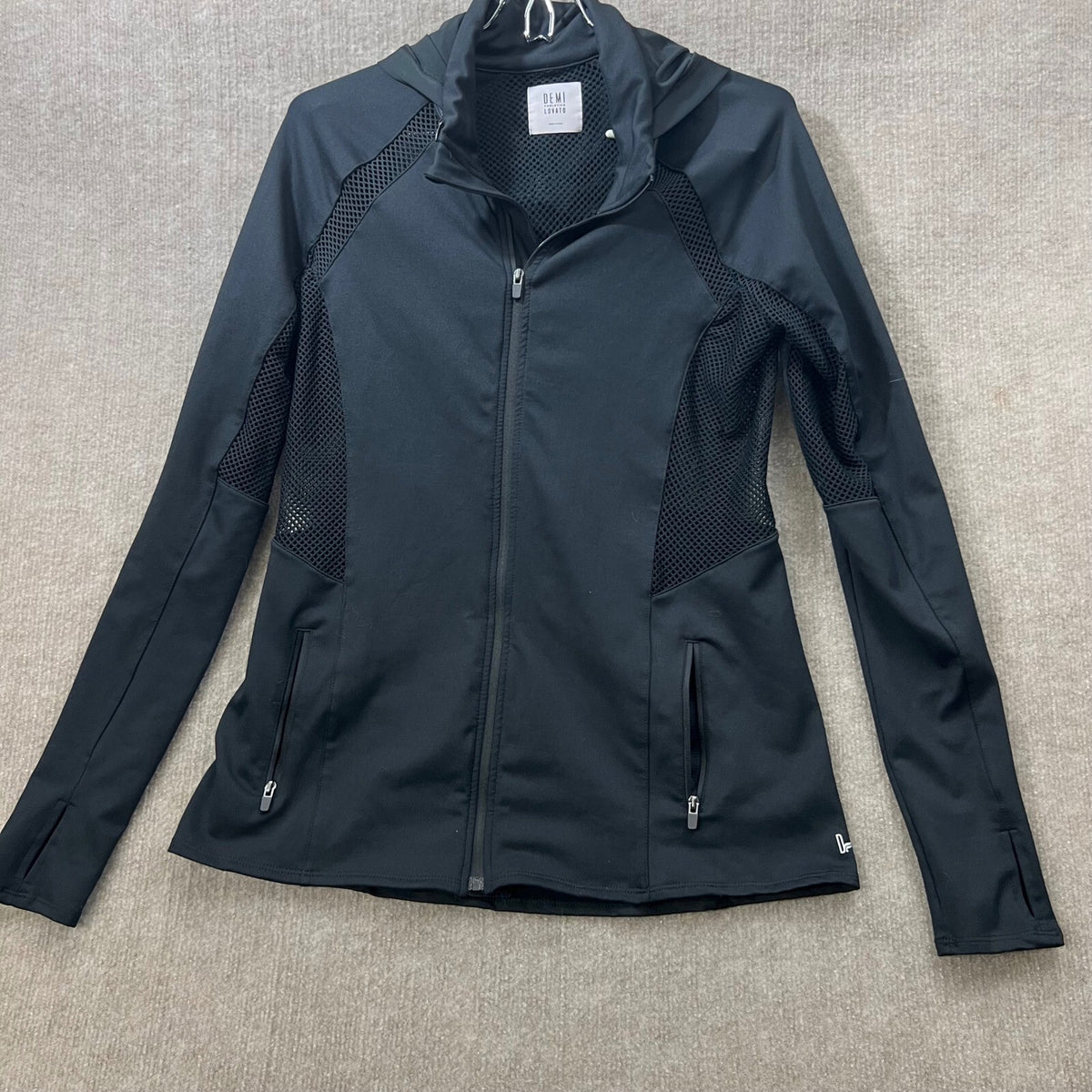 Demi Lovato Fabletics Black Mesh Athletic Jacket Hoodie Thumbholes Women's L