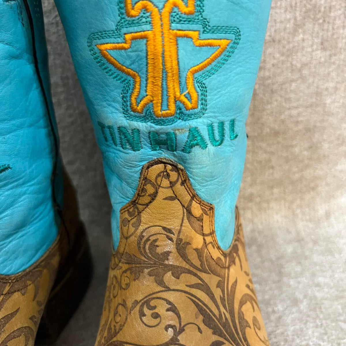 Tin Haul Women's Teal 6.5 Damask Floral Leather Western Cowboy Boots