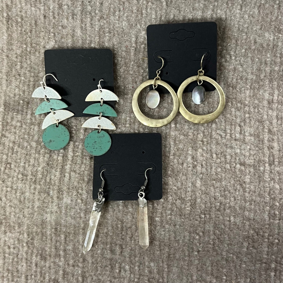 Lot of Boho Earrings Brass Tone Hoops Aqua Geometric Drop Crystal Quartz Points