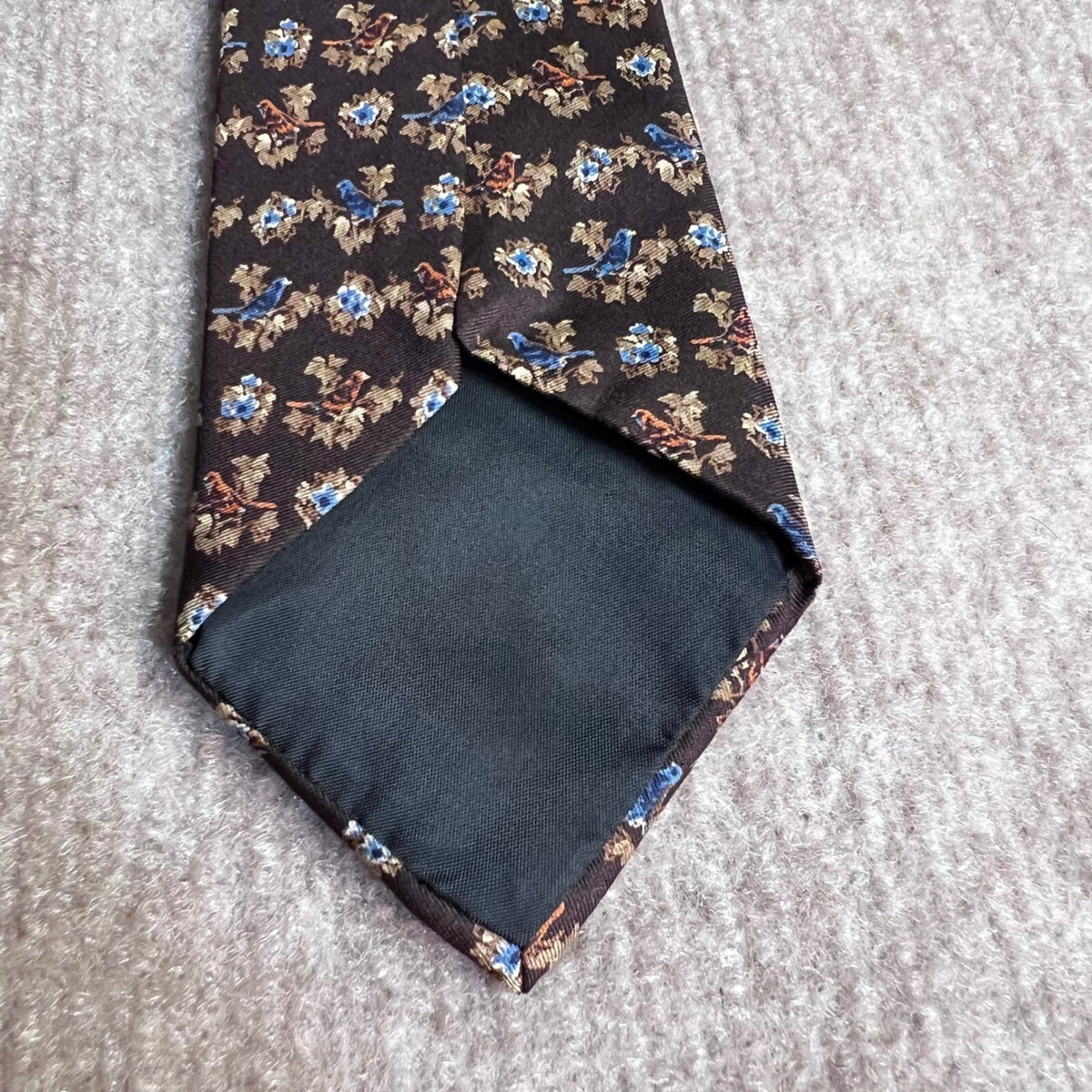 Oscar de la Renta Signature Silk Tie Brown Blue Bird Floral Botanical Necktie
