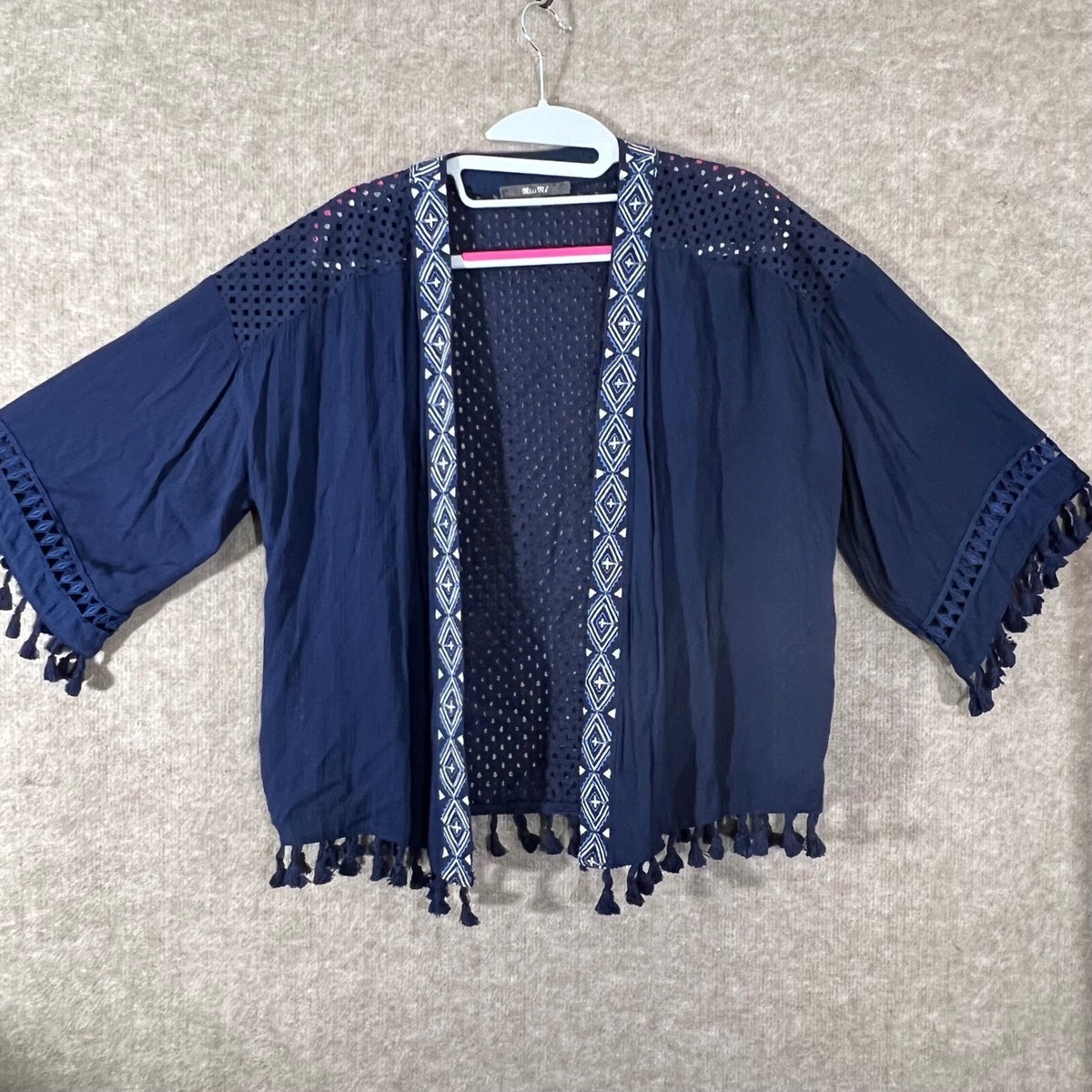 Miss Me Kimono Cardigan Women S Navy Blue Embroidered Tassel Boho MDJ238L