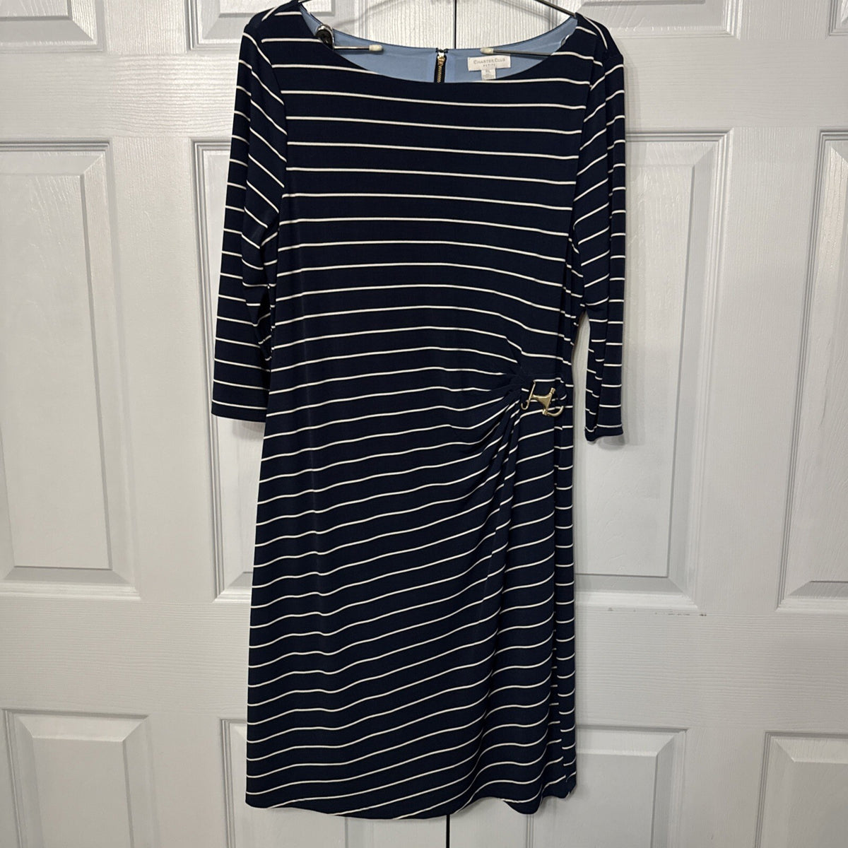 Charter Club Petite Large Navy White Striped Dress Nautical Belted Ruched Midi
