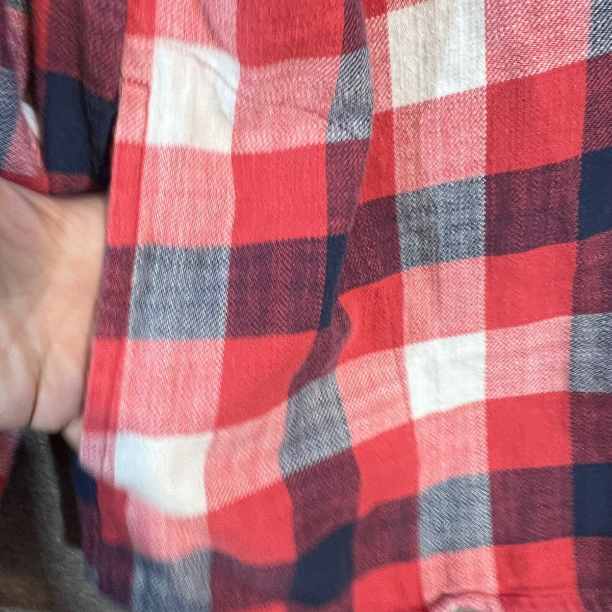 LL Bean Plaid Flannel Hoodie Women Large Red Navy Blue Cotton Button Up Gorpcore