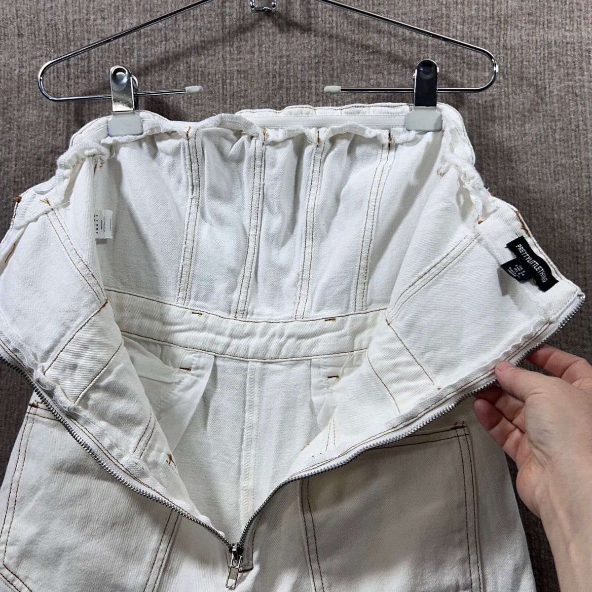 PrettyLittleThing Strapless Cargo Denim Jumpsuit Women Size 4 White Utility Y2K