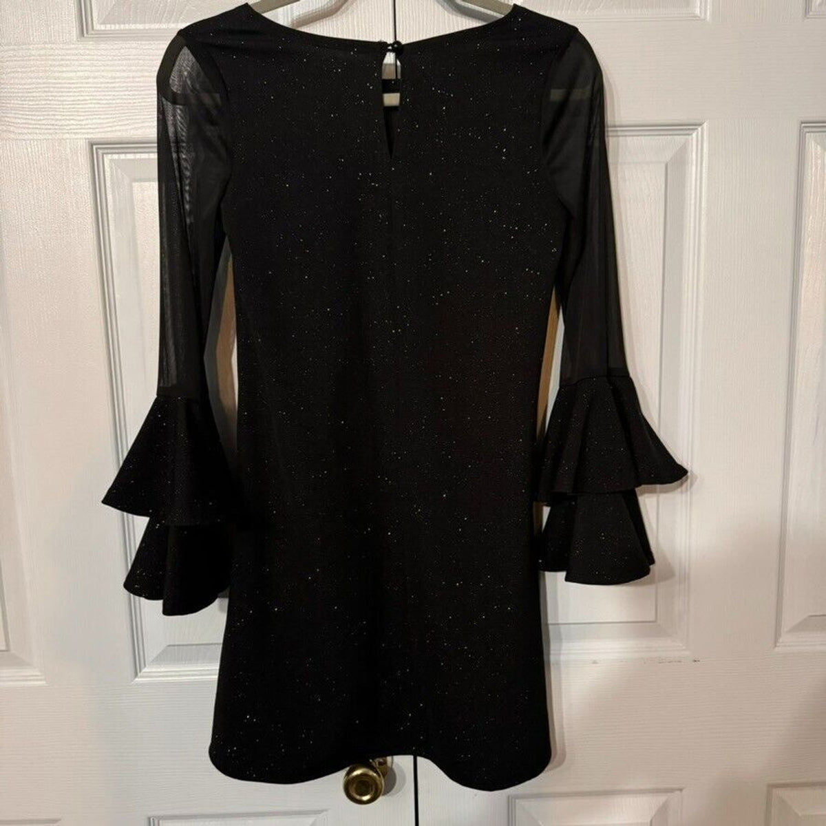 Bonnie Jean Sz 16 Girls Sparkle Black Party Dress with Ruffled Cuff Sheer Detail