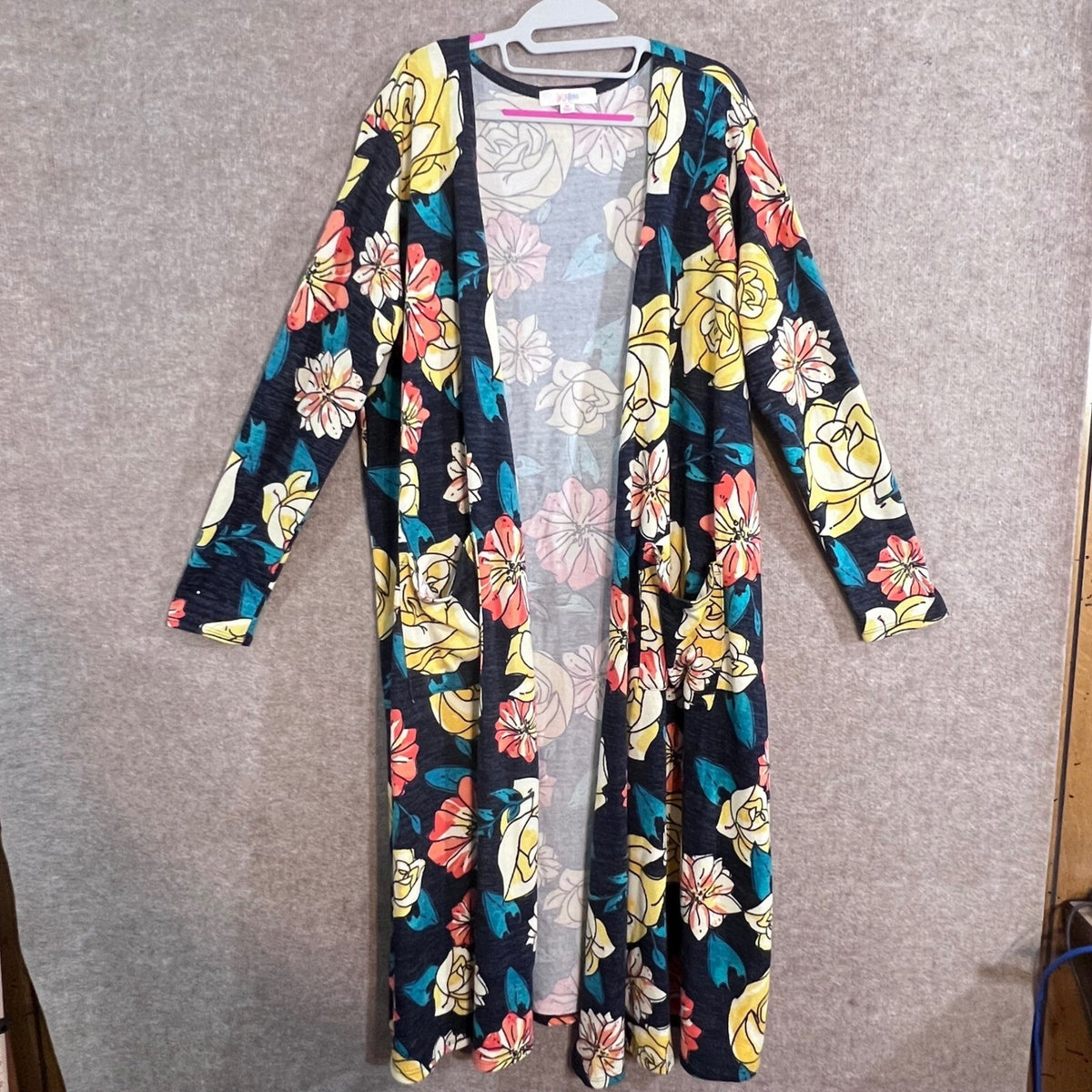 LuLaRoe Cardigan Womens XL Floral Long Duster Open Front Pockets Boho