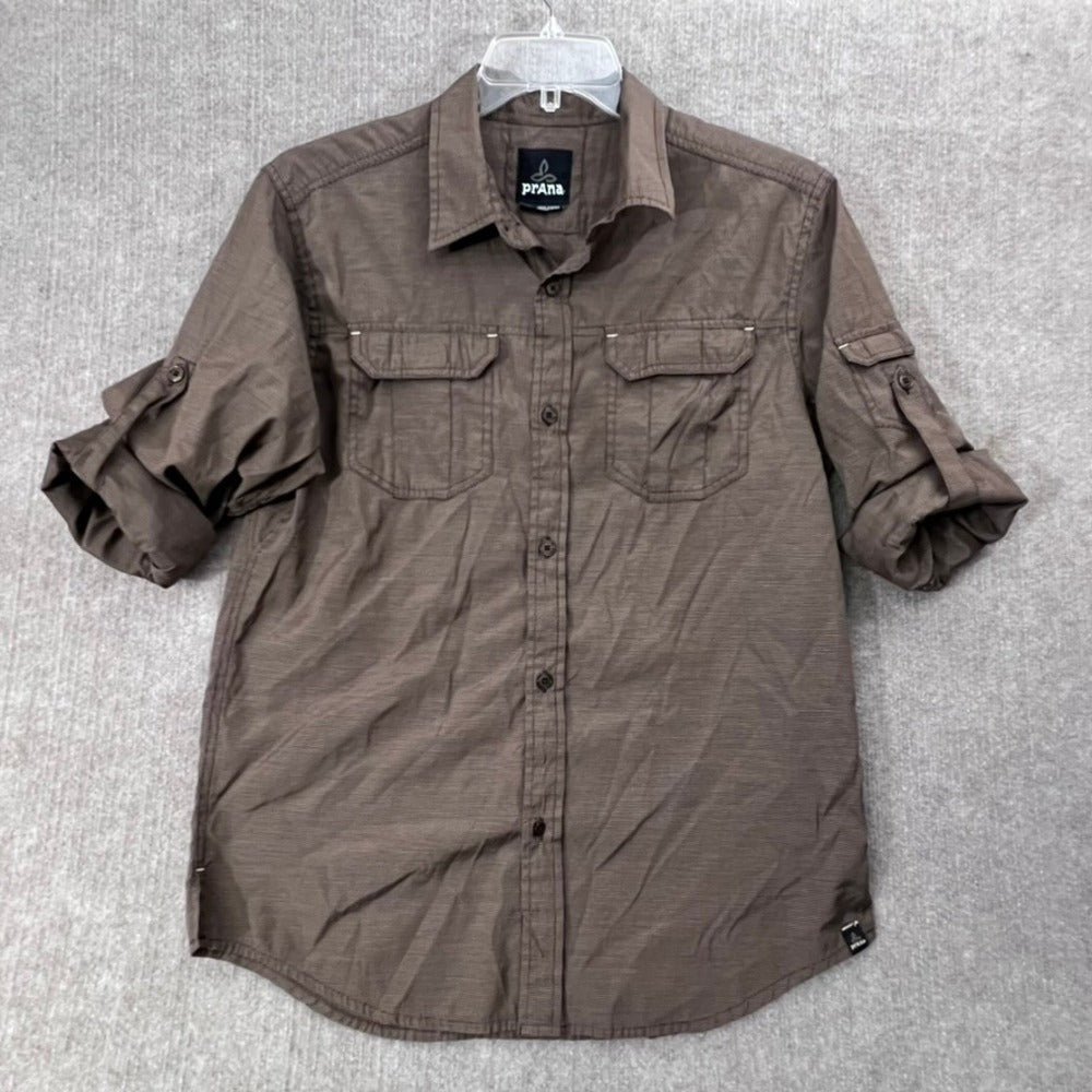 Prana Mens Medium Brown Short Roll Sleeve Button Down Shirt Top