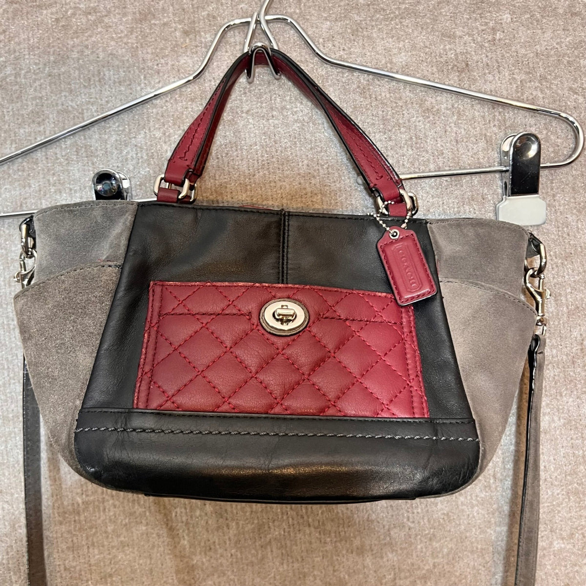 Coach Satchel Handbag Women Small Black Leather Suede Quilted Red Crossbody