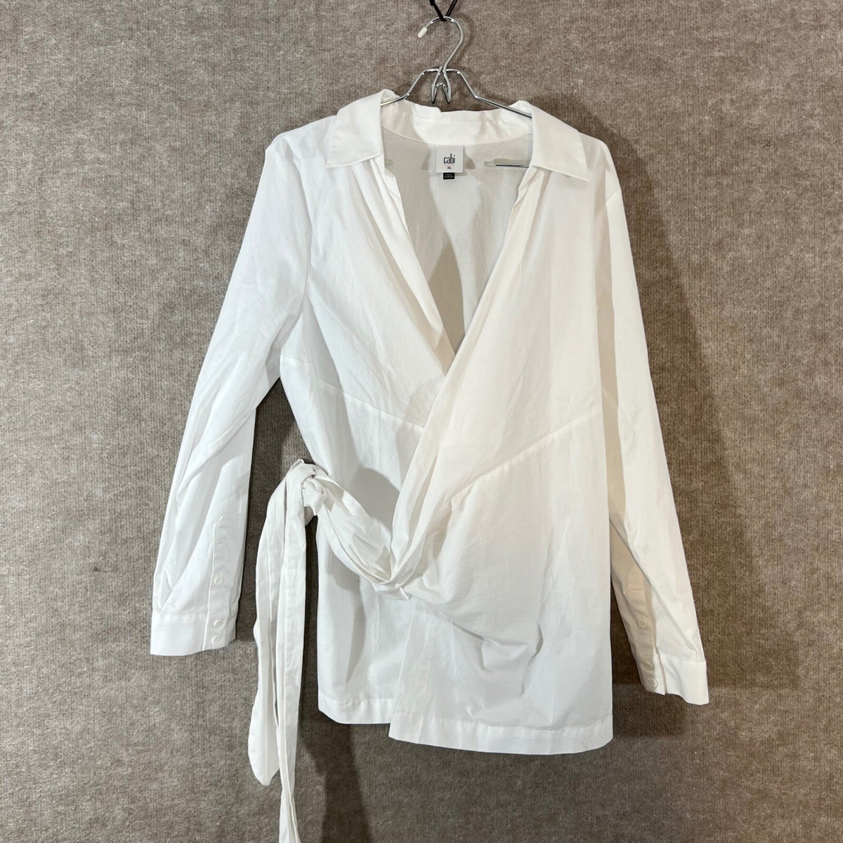 Cabi Wrap Blouse Womens XL White Cotton Stretch Side Tie Long Sleeve Button Up
