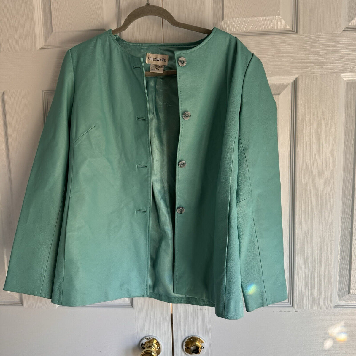 Chadwick's Sz 12 Leather Button Front Collarless Turquoise Jacket w/Pockets