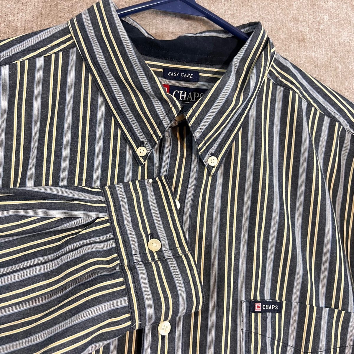 Chaps Button Down Shirt Mens XL Striped Long Sleeve Easy Care Gray Yellow