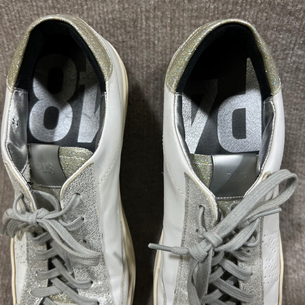 P448 John White Silver Glitter Leather Low Top Sneakers Size 41 US 10