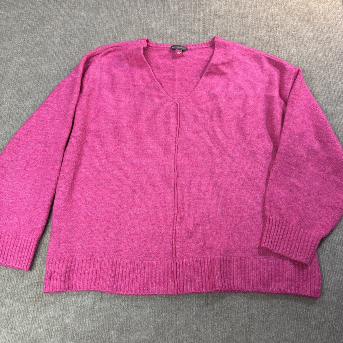 Vince Camuto Sweater Women's Lg Pink Relaxed Soft Stretch V Neck Fuzzy Cozy