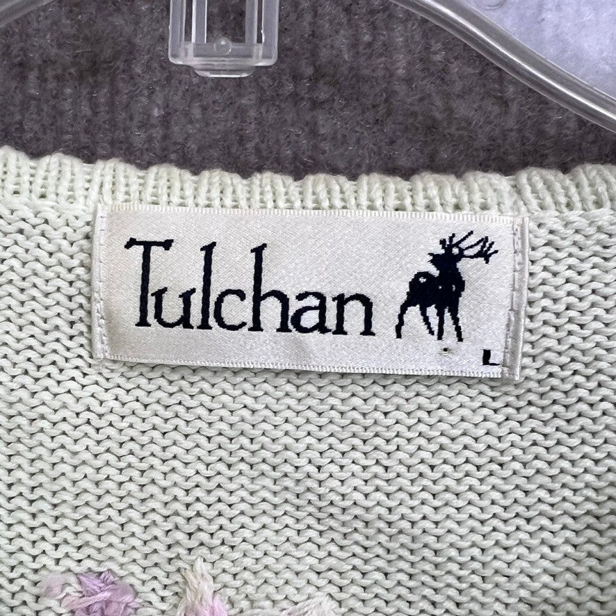 Tulchan Womens Sweater Large Green Floral Embroidered Knit V Neck