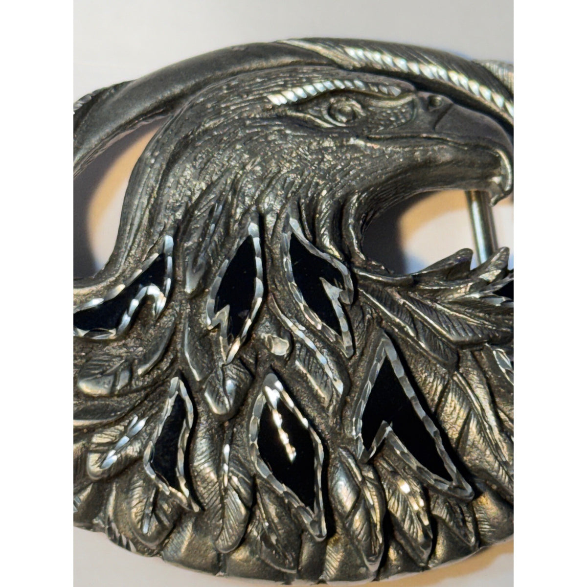 Vintage 1995 EJC Pewter Bald Eagle Belt Buckle Diamond Cut Black Enamel USA.