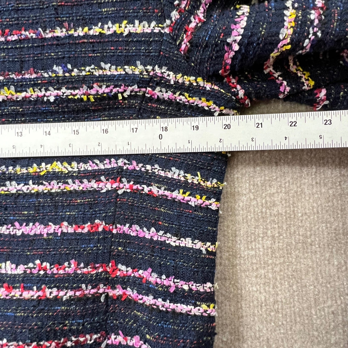 Talbots Navy Tweed Blazer Jacket Multicolor Stripe Trim Open Front Size 14