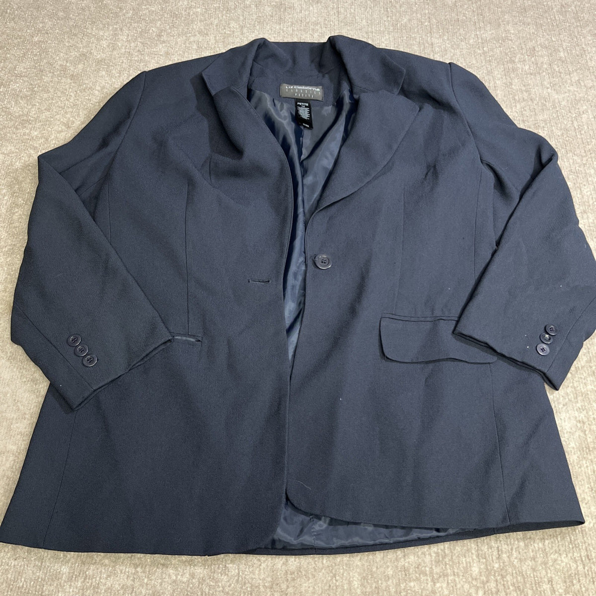 Liz Claiborne Womens Navy Blazer Petite Single Button Closure Sz 14