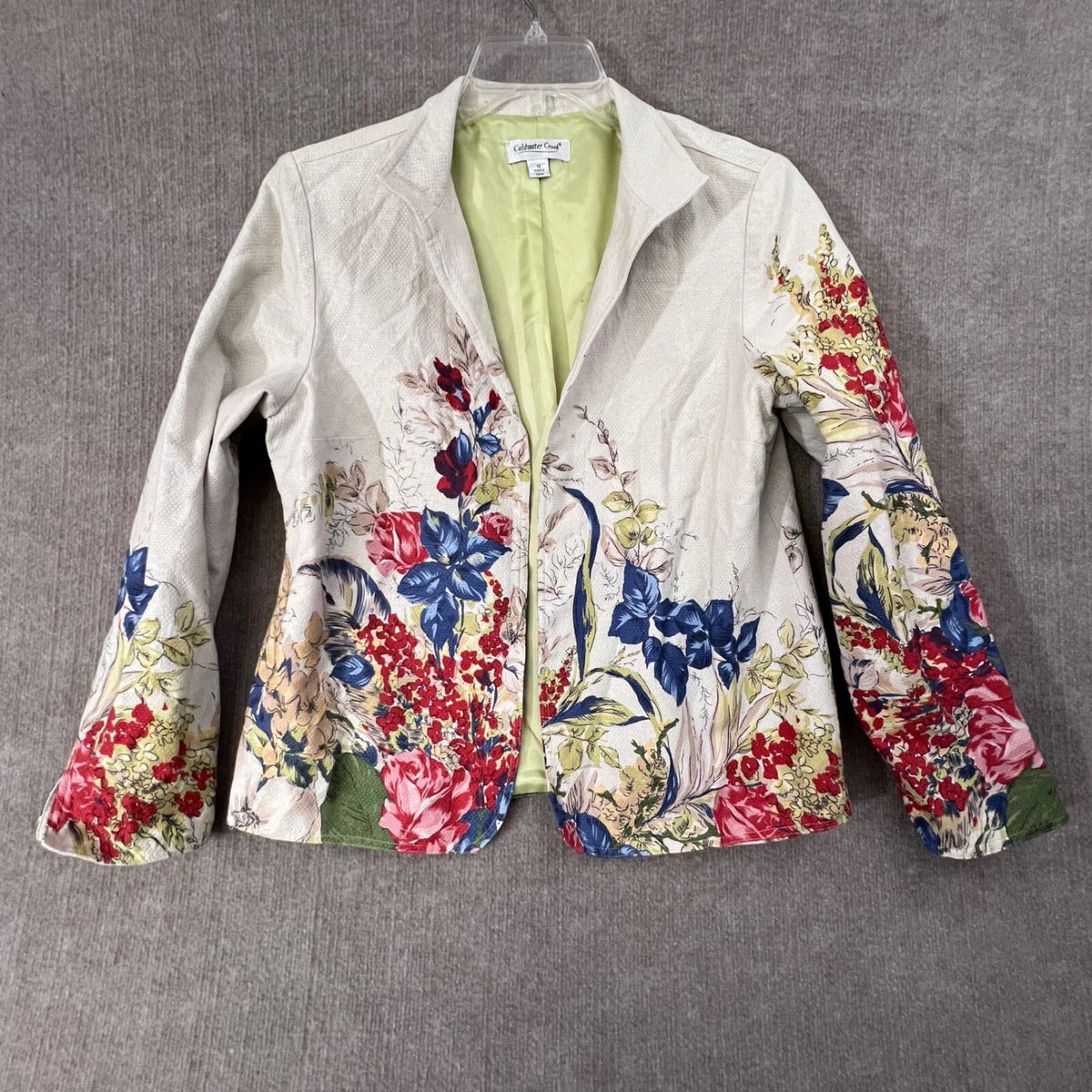 Coldwater Creek Floral Blazer Women's 12 Cream Colorful Cotton Textured Blazer