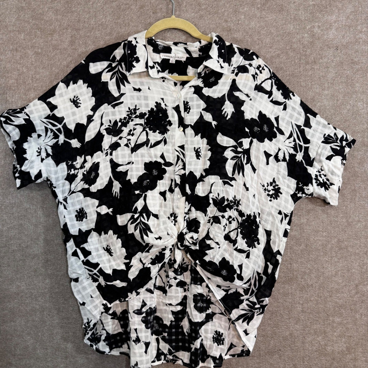 Jane De Lancey Button Up Shirt Womens XL Black Floral Tie Front Rayon Boho