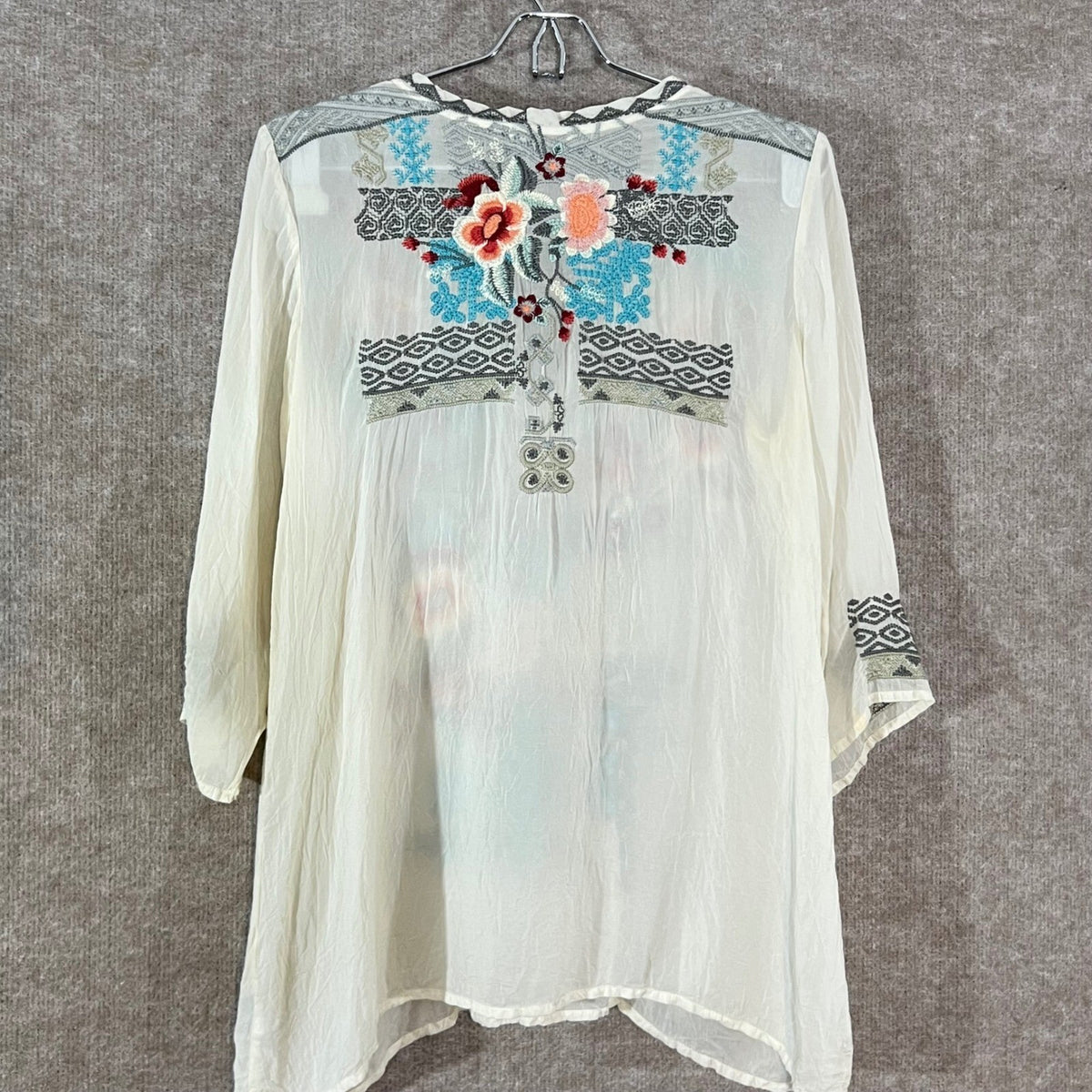 Johnny Was Tunic Womens S White Floral Embroidered V Neck 3/4 Sleeve Boho