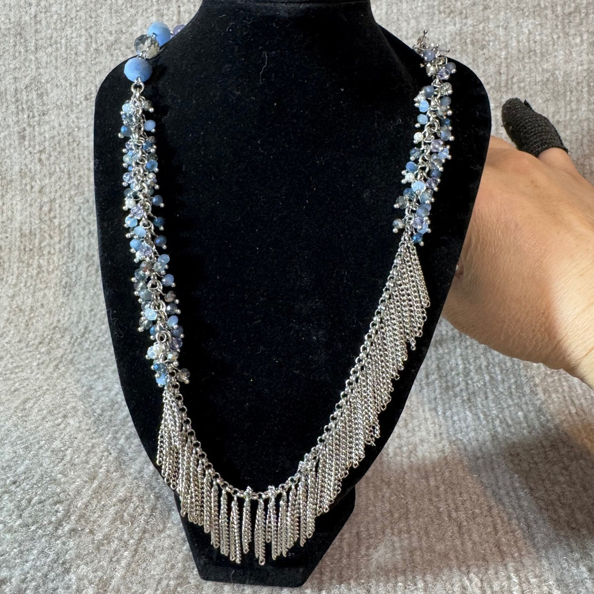 Silver Tone Fringe Statement Necklace Blue Beaded Waterfall Boho Evening
