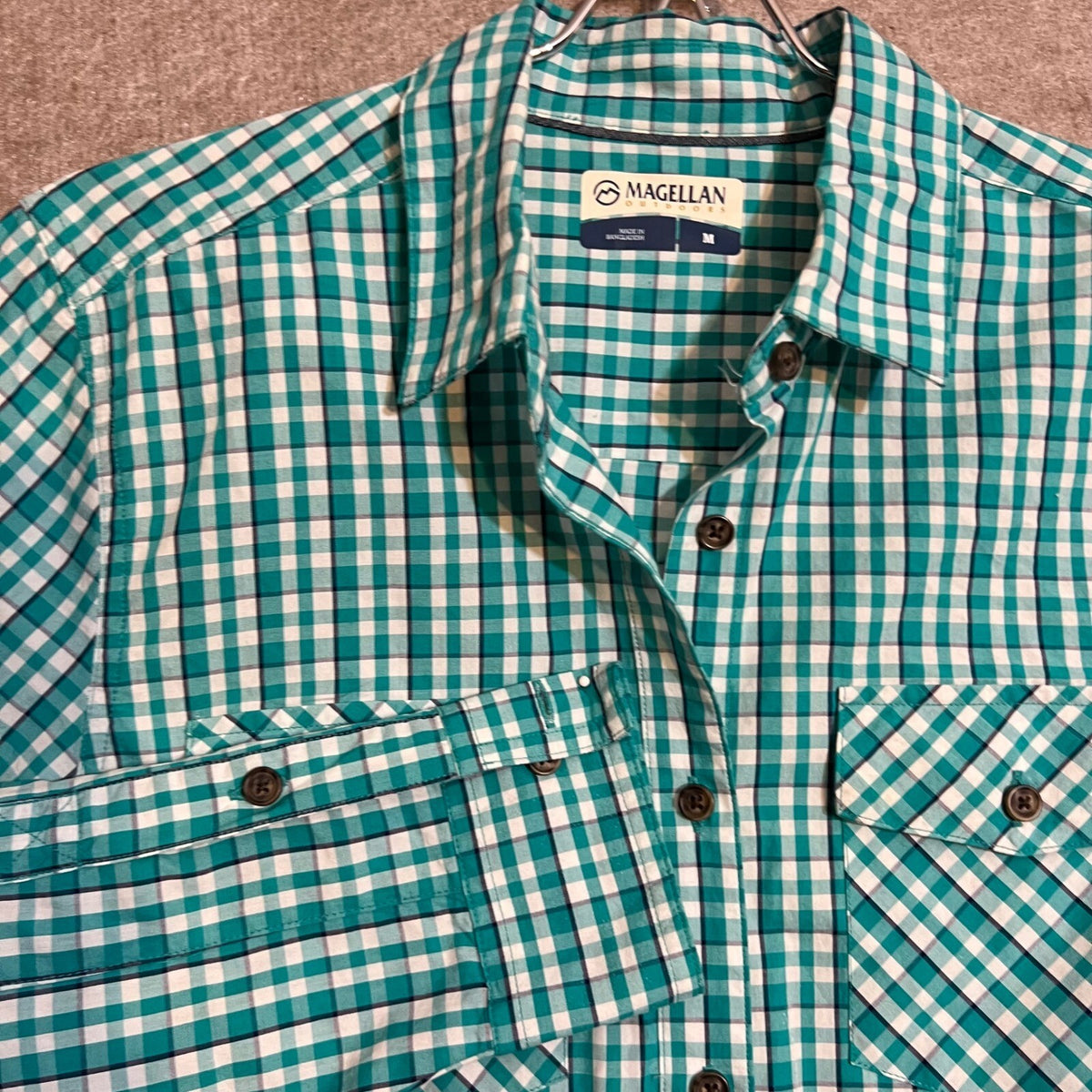 Magellan Outdoors Button Up Shirt Women M Green Gingham Plaid Hiking Gorpcore