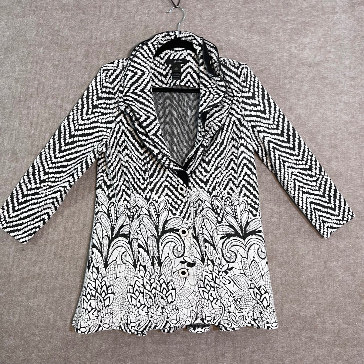 Ali Miles Jacket Womens Large Black White Chevron Floral Button Up Mixed Media