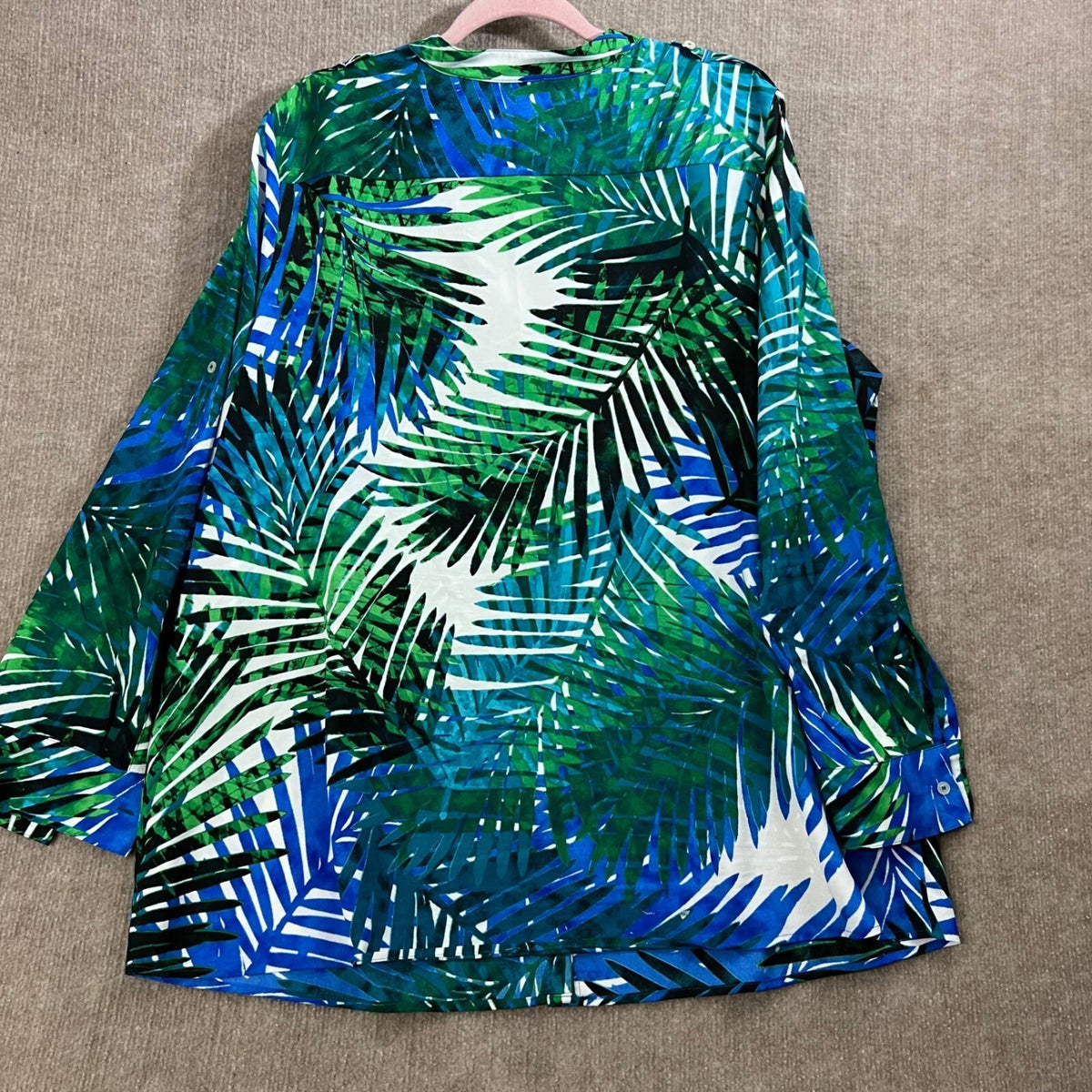 Calvin Klein 1X Palm Print Button Down Blouse Green Blue Tropical Vacation