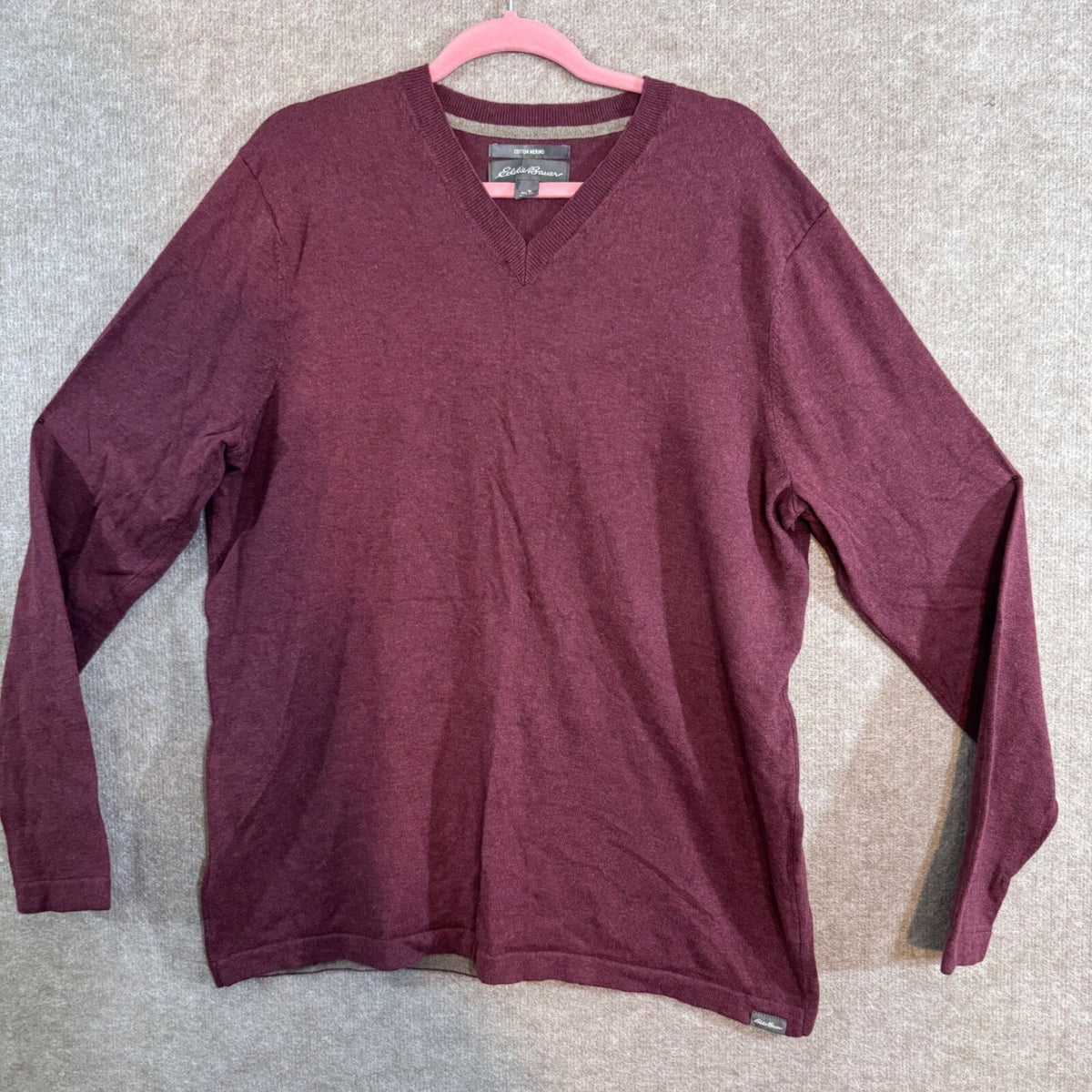 Eddie Bauer V Neck Sweater Mens TL Maroon Cotton Merino Wool Blend Tall Burgundy