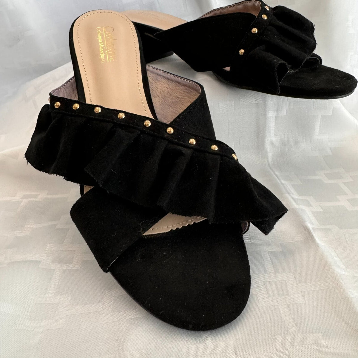 Catherine Malandrino Azaria Mules Women 8.5 Black Faux Suede Ruffle Studded Chic