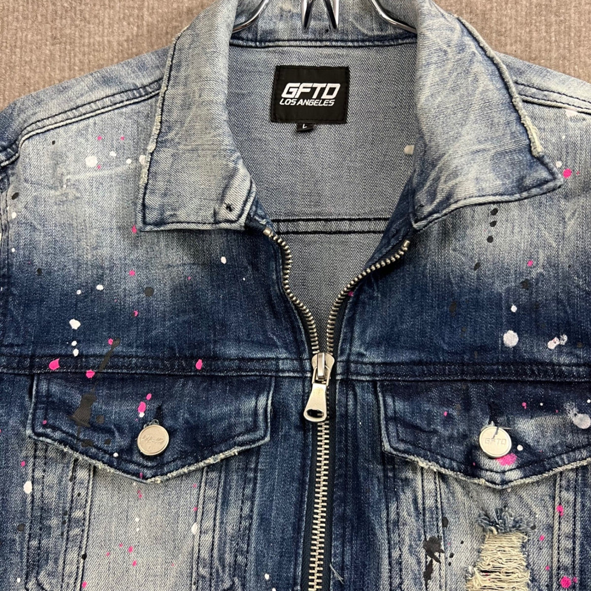 GFTD Los Angeles Aaron Drty Denim Jacket Paint Splatter Distressed Size L NWT