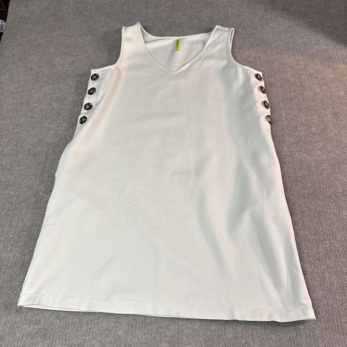 Betabrand Women's Admiral Button Shift Dress Large Ivory Sleeveless Pockets!