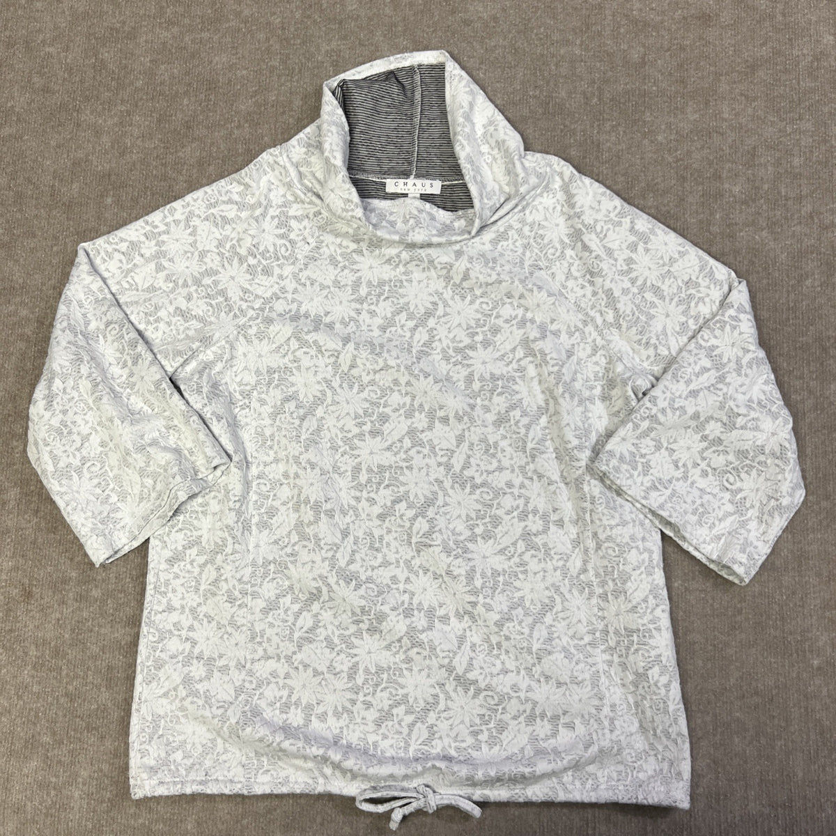 Chaus White Small 3/4 Sleeve Top Mock Neck Floral Lace Drawstring Waist