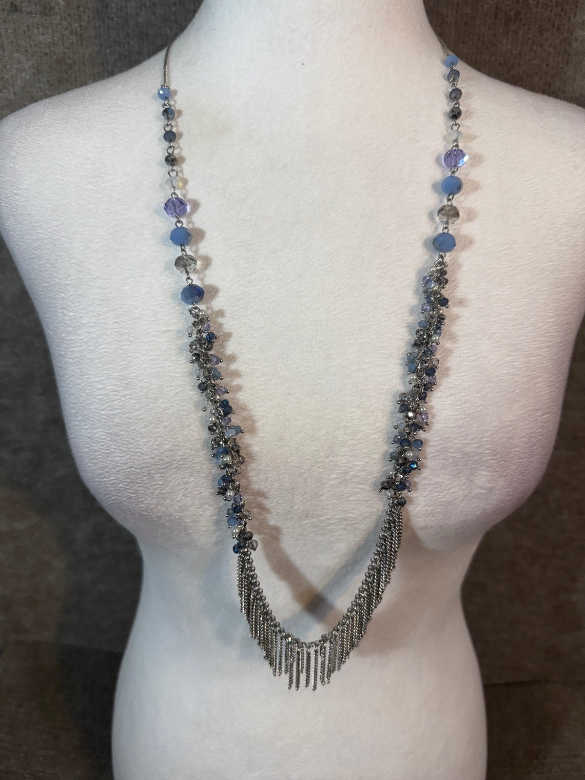 Silver Tone Fringe Statement Necklace Blue Beaded Waterfall Boho Evening