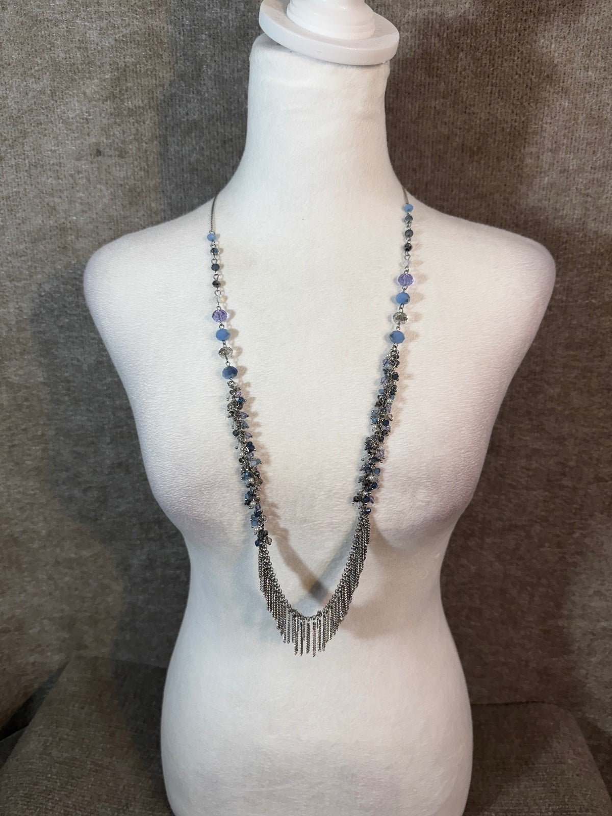 Silver Tone Fringe Statement Necklace Blue Beaded Waterfall Boho Evening