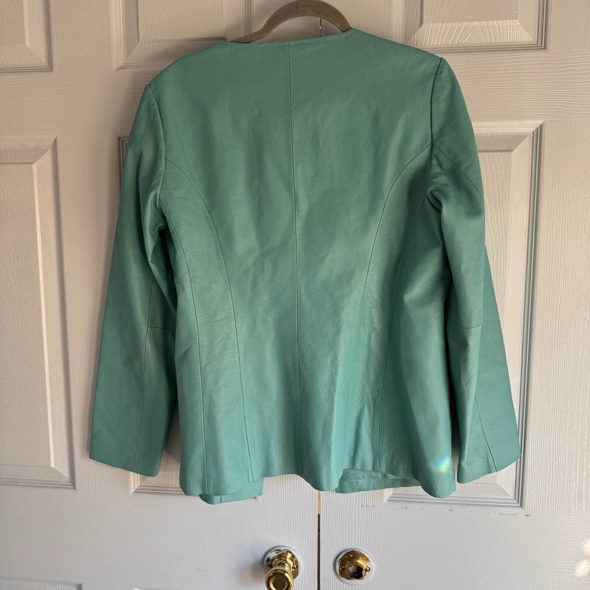 Chadwick's Sz 12 Leather Button Front Collarless Turquoise Jacket w/Pockets