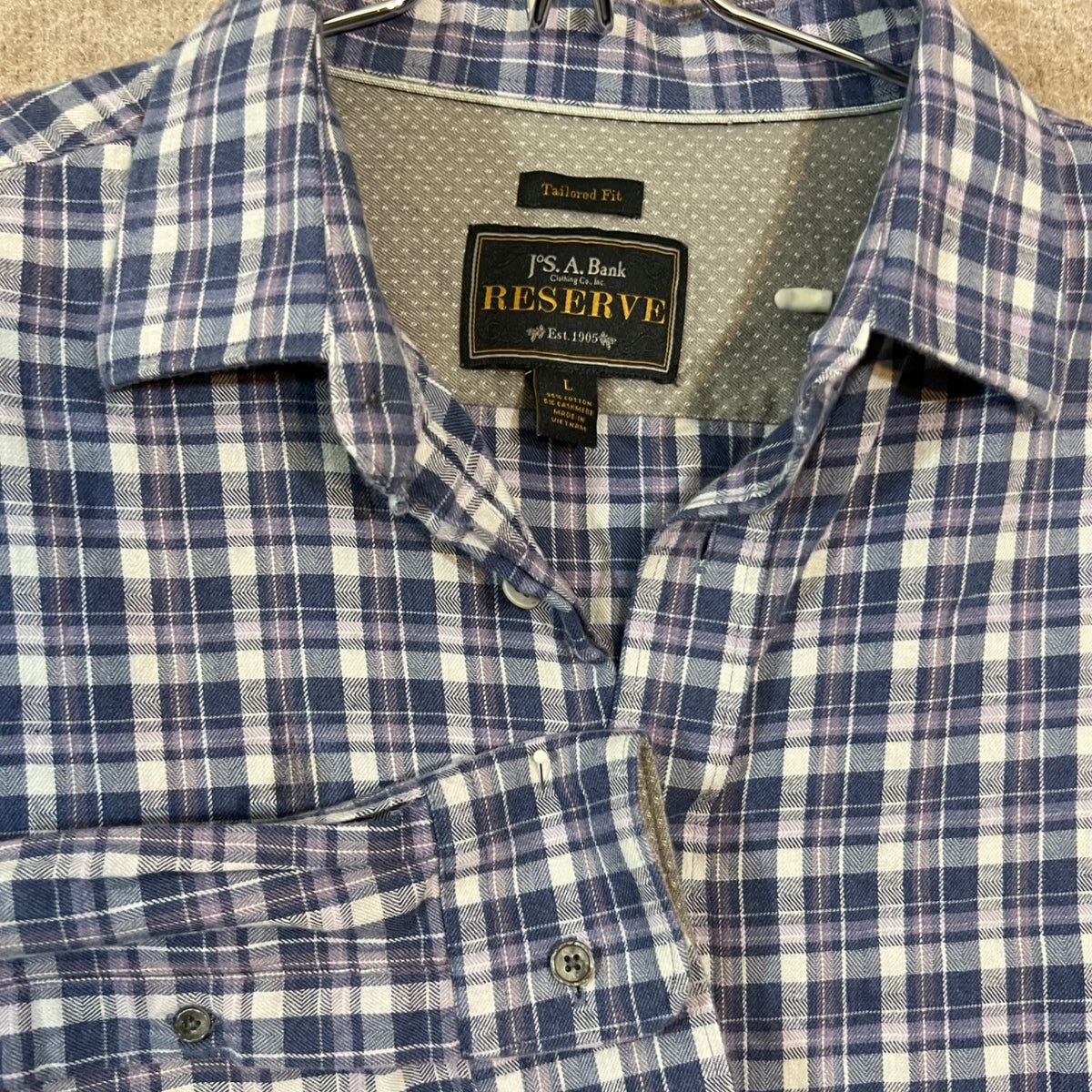 Jos A Bank Reserve Button Down Shirt Mens L Blue Plaid Cashmere Blend Tailored