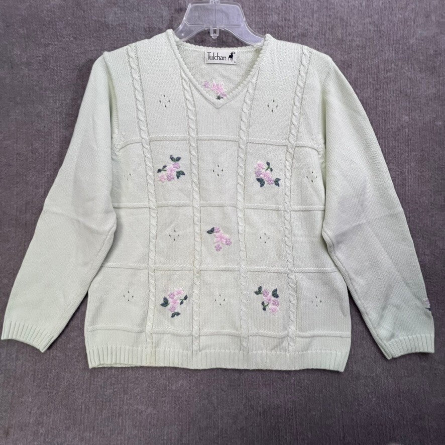 Tulchan Womens Sweater Large Green Floral Embroidered Knit V Neck