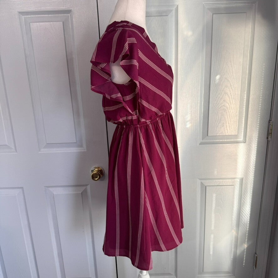 NWT Monteau Faux Wrap Lg Stripe V Neck Midi Dress w/ Flutter Sleeve Romantic