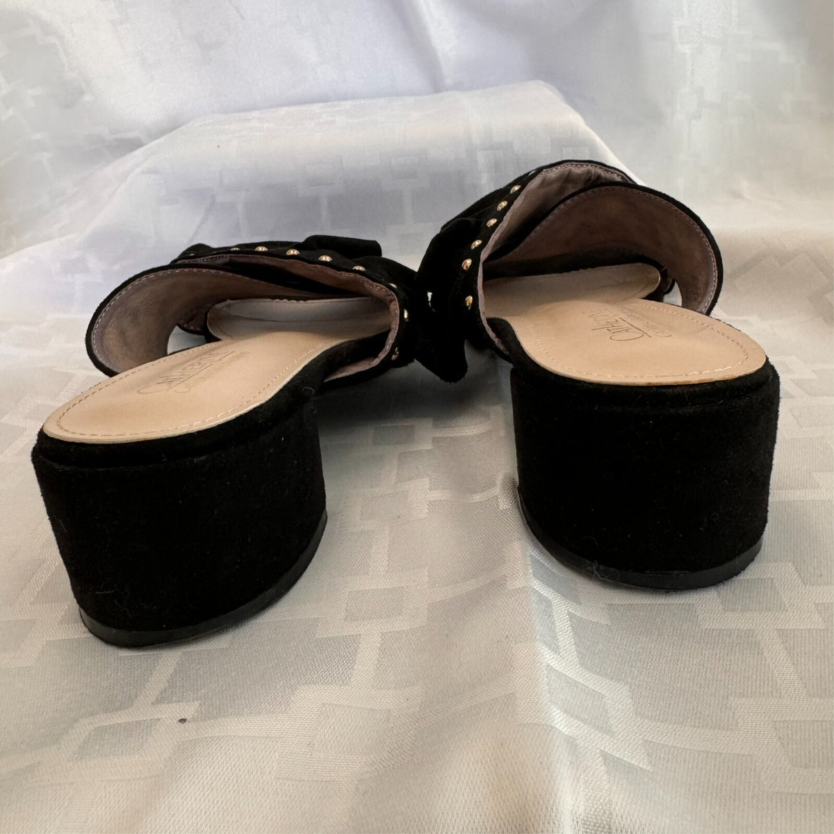 Catherine Malandrino Azaria Mules Women 8.5 Black Faux Suede Ruffle Studded Chic