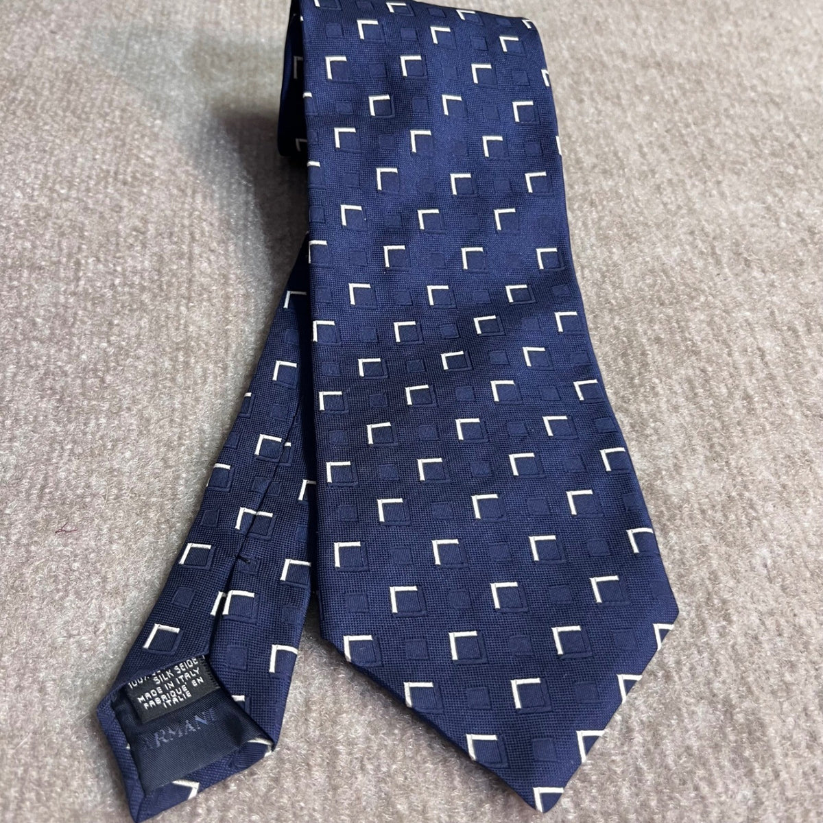 Giorgio Armani Silk Tie Mens OS Navy Blue Geometric Square Pattern Luxury Office