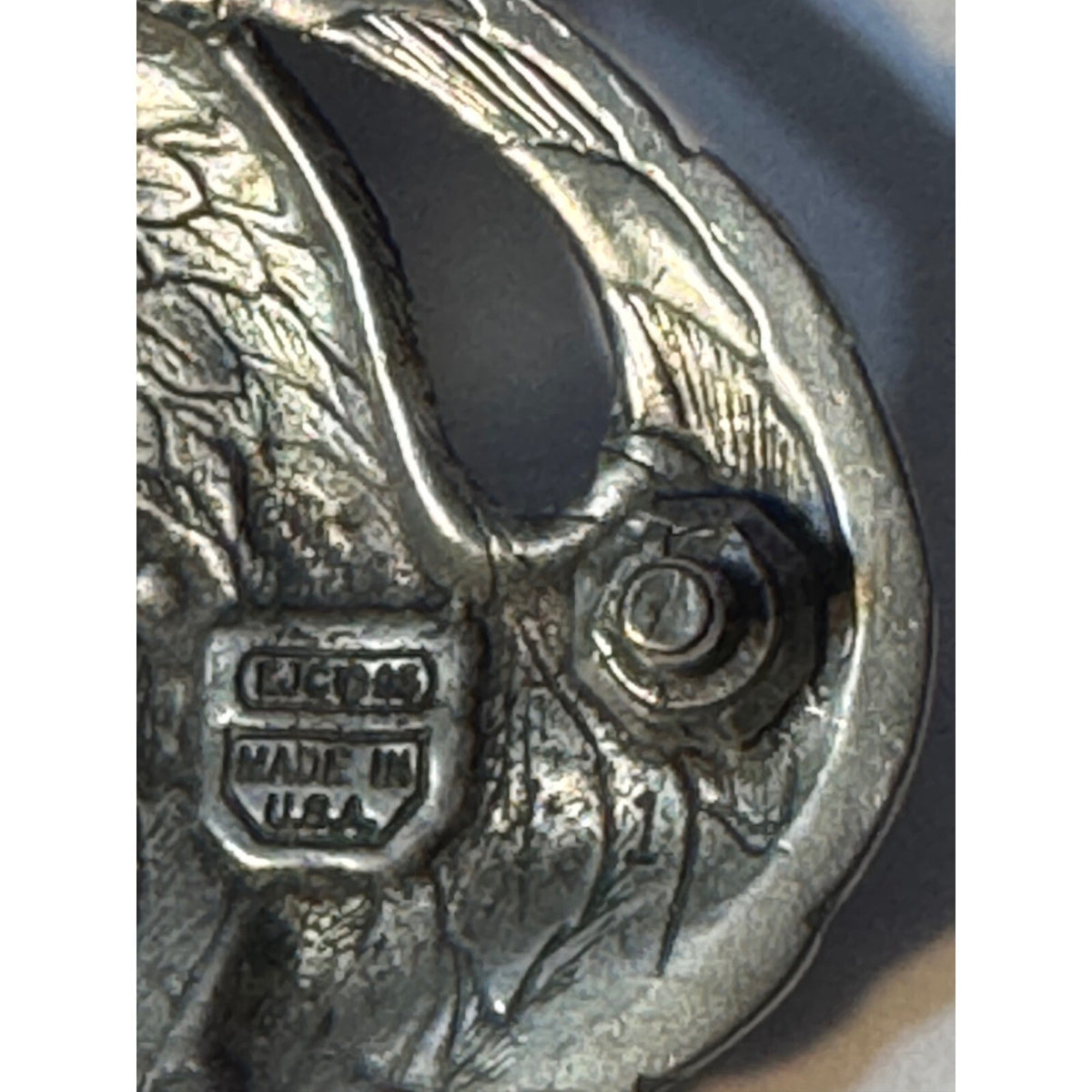 Vintage 1995 EJC Pewter Bald Eagle Belt Buckle Diamond Cut Black Enamel USA.