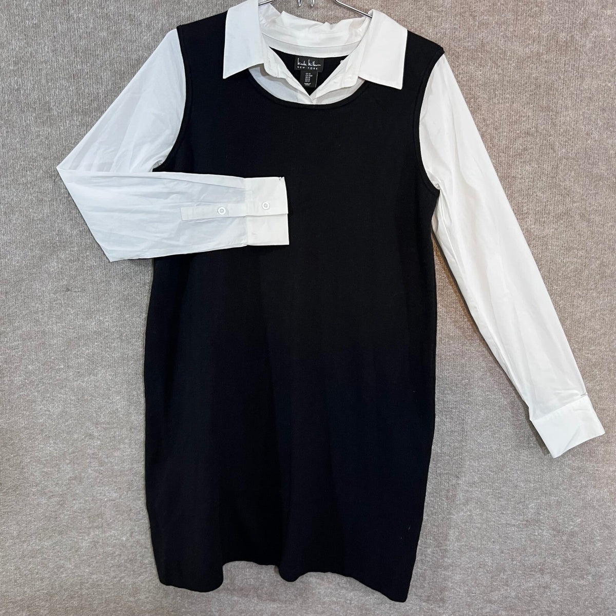 Nicole Miller New York Layered Look Dress Womens Medium Black White Shift Preppy