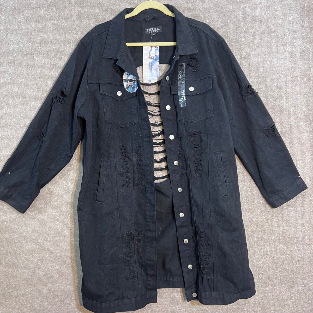 Thrill Jeans Denim Jacket Women 3X Black Distressed Longline Ripped Grunge Edgy
