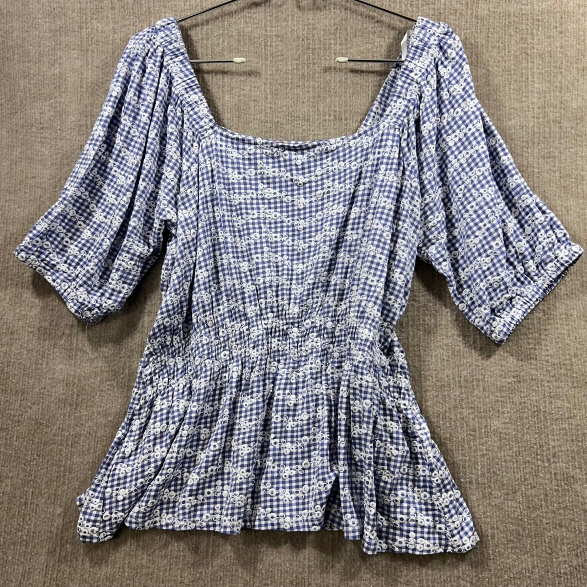 Belldini Blue Gingham Embroidered Square Neck Smocked Waist Milkmaid Top XL