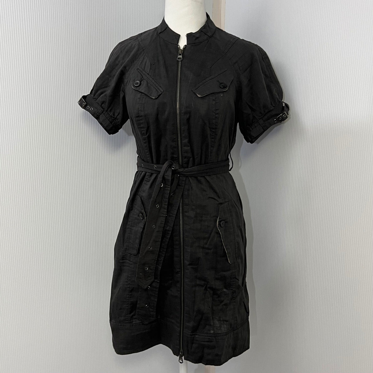 Armani Exchange A|X Black Utility Dress Sz 6 Zip Front Short Sleeve Belted