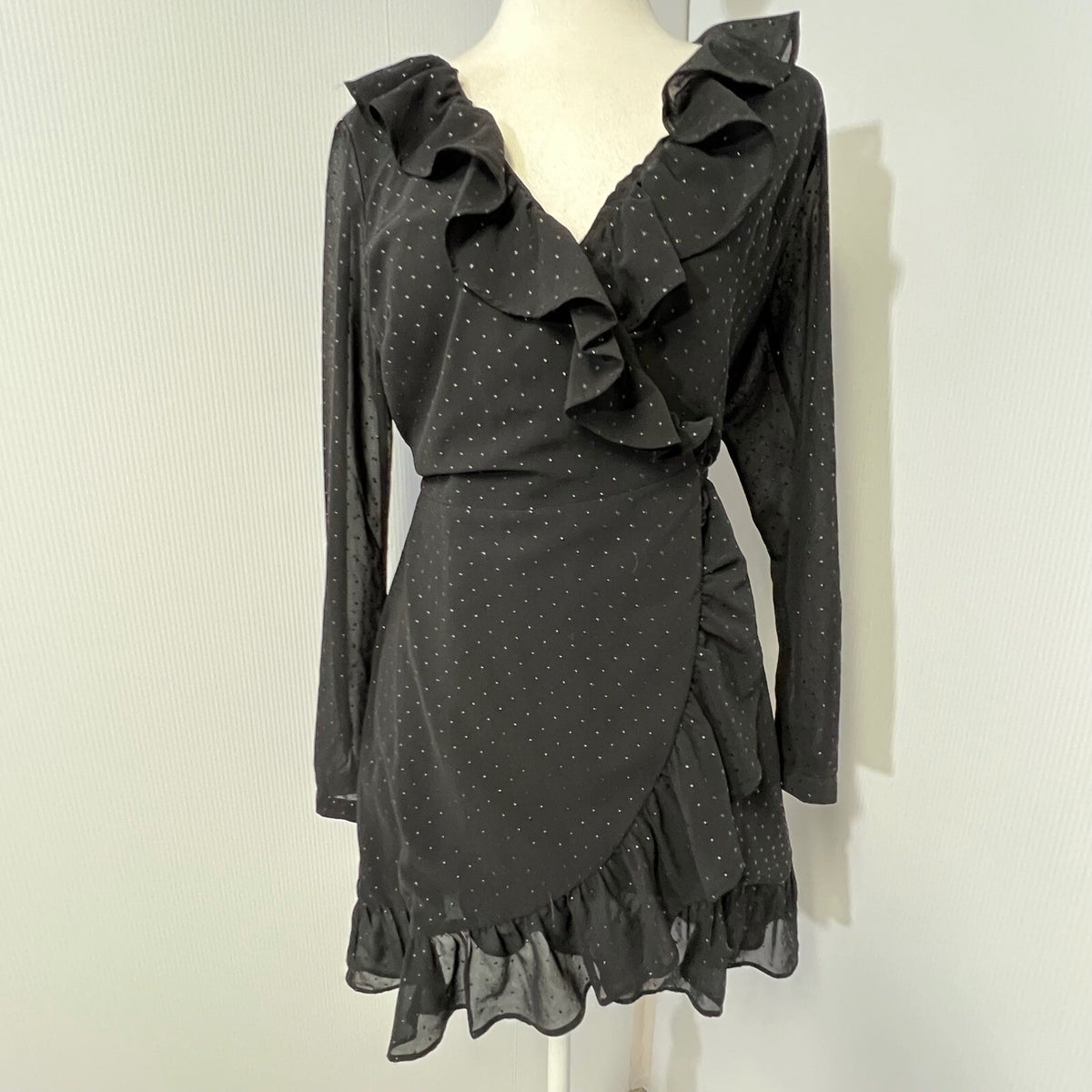 ALLSAINTS Niyah Shimmer Wrap Dress Black Ruffle V Neck Long Sleeve Mini S