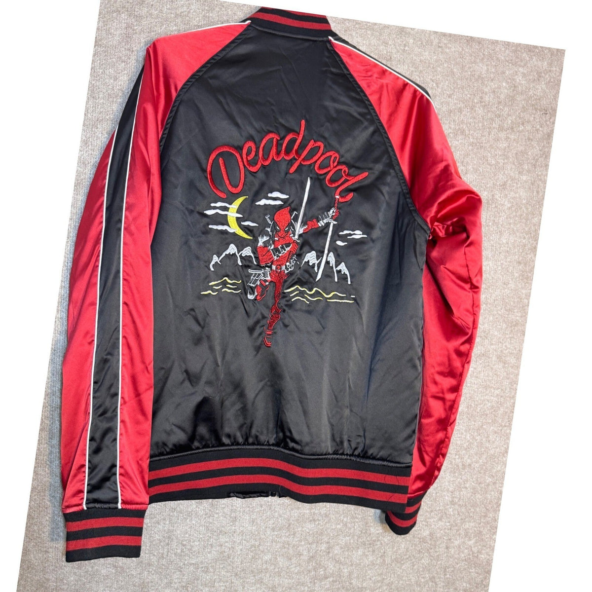 Marvel Deadpool Bomber Jacket Adult Small Black Red Satin Embroidered Gorpcore