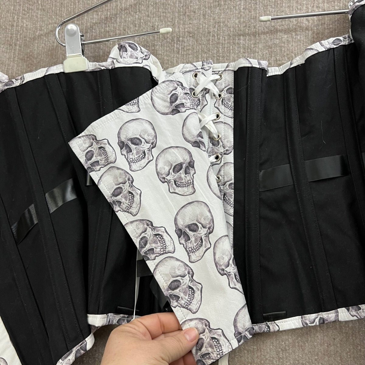 Corset Story L UK 16 / 30" Skull Print Boned Corset Off Shoulder Gothic Punk Alt