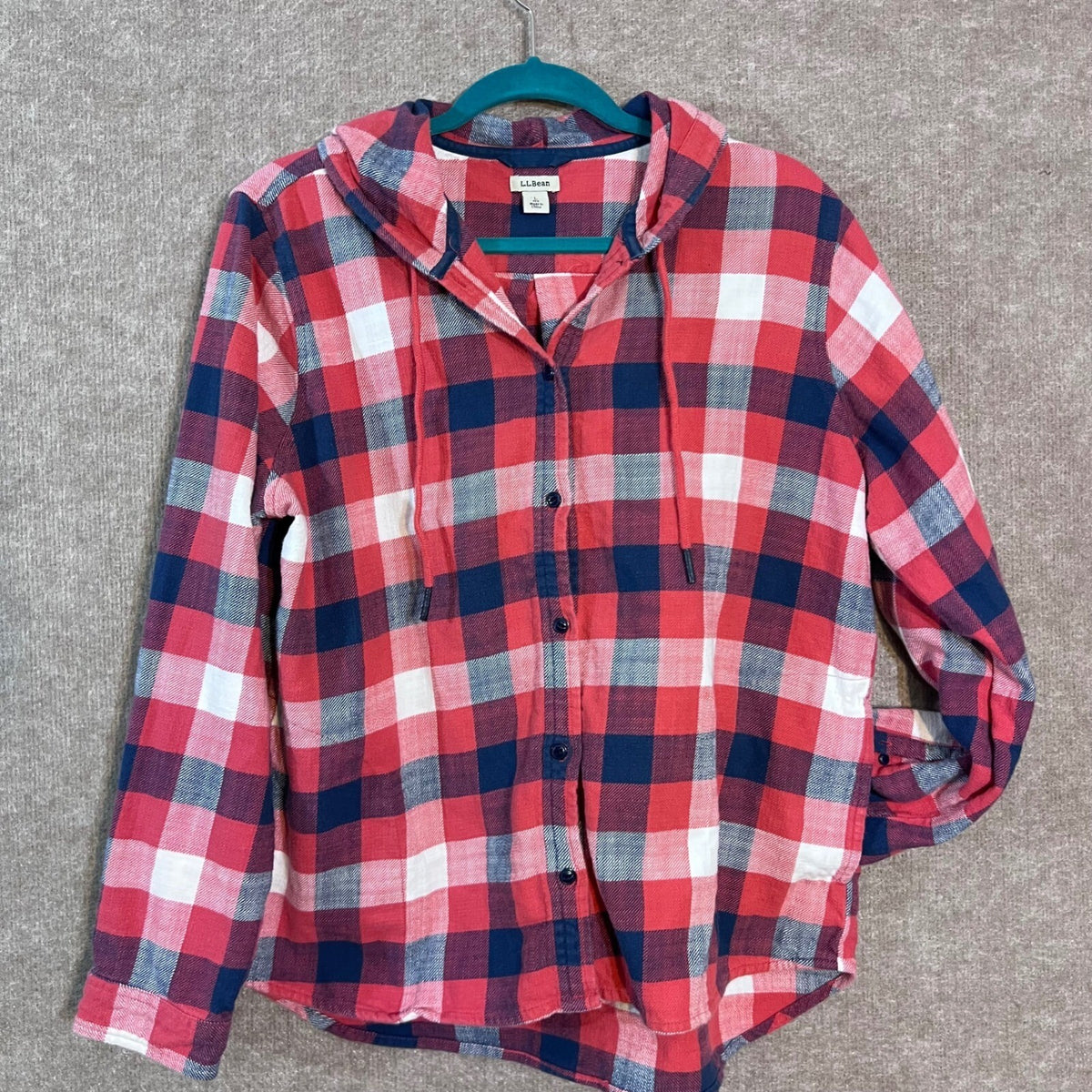 LL Bean Plaid Flannel Hoodie Women Large Red Navy Blue Cotton Button Up Gorpcore